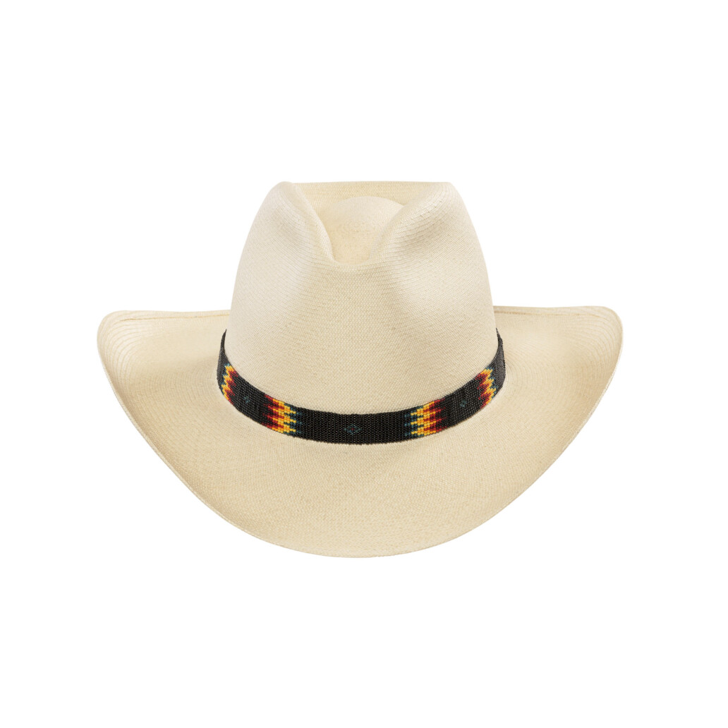 Low RCA Panama Hat with beaded band in black, yellow, red, and green.